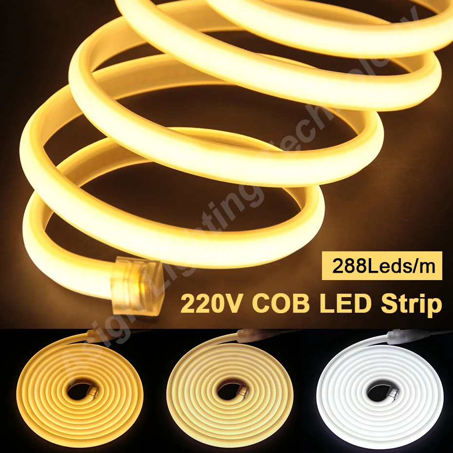 220V COB LED Strip Light 288 LEDs/M 3000K-6000K Soft Flexible Tape Light IP65 Waterproof EU Plug for Home Lighting Decoration