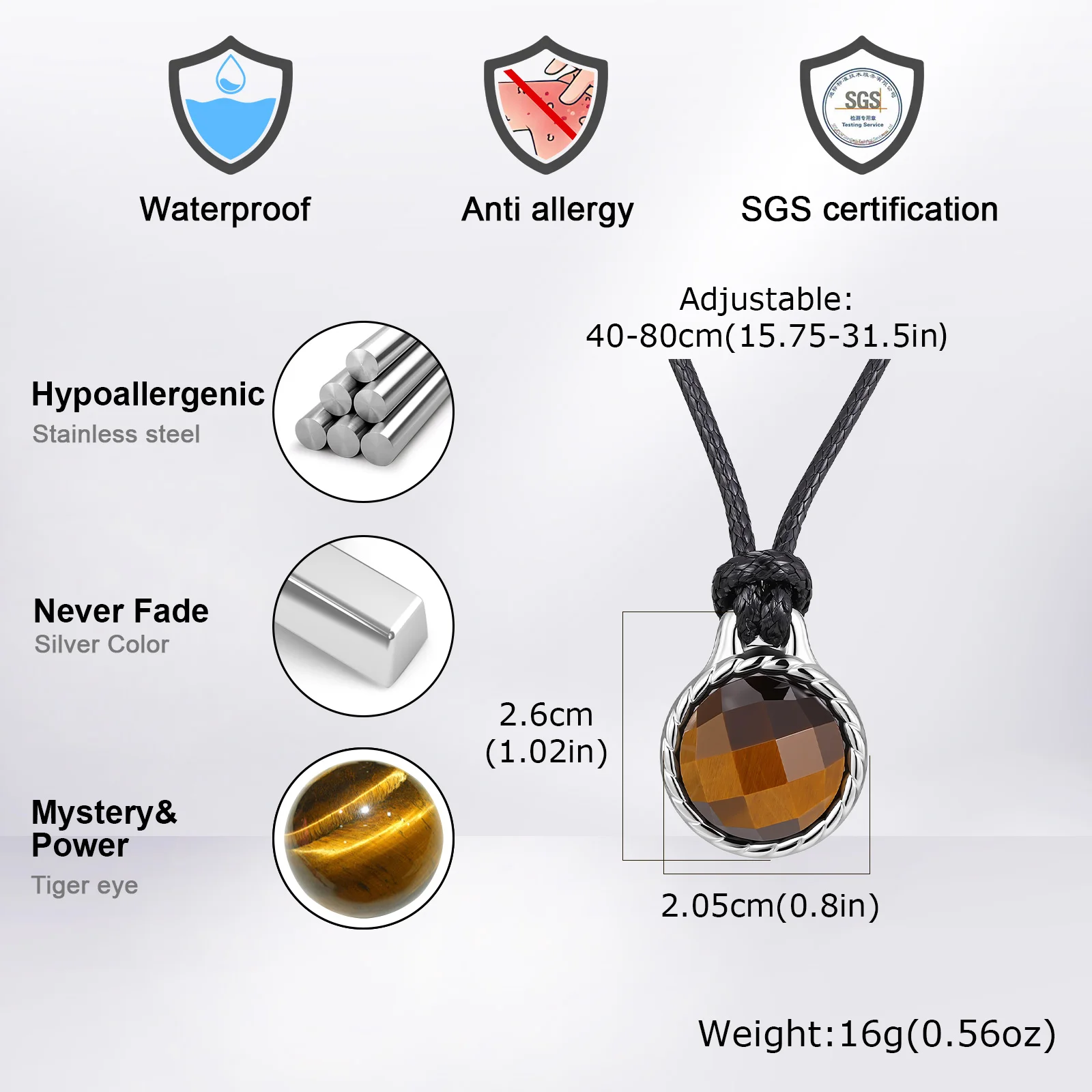 Facettierter Funkelnder Naturstein-Anhänger für Männer, Verstellbare Schwarze Kordel Lange Kette Tigerauge-Stein-Halskette, Stilvolles Schmuckgeschenk – Detail 2