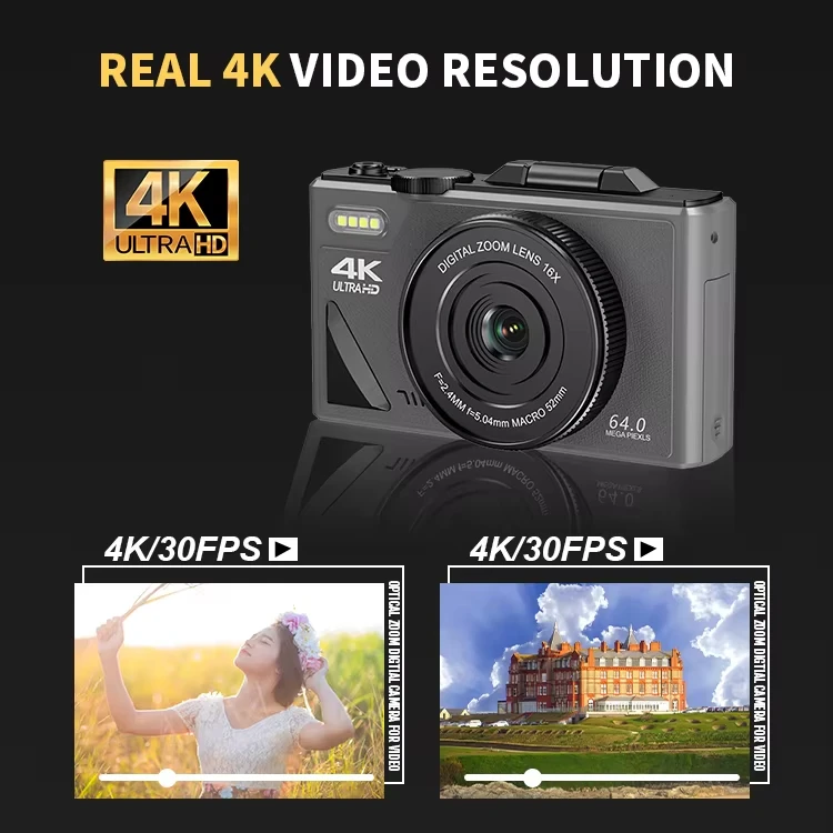 

Компактная цифровая фотокамера 4K с 18-кратным цифровым зумом, винтажный видеорегистратор Vlog, видеорегистратор YouTube с откидным экраном на 180 °, камера для селфи с Wi-Fi