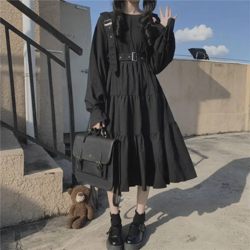 Women Solid Ruffles Japanese Style Gothic Chic Long Sleeve Dress Lolita All-match Simple Solid O-neck Elegant Harajuku Mid-calf