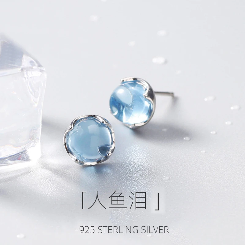 

Ventfille 100% 925 Sterling Silver Stud Earring for Women Girl Gift Mermaid Tears Japanese Korean Blue Foam Crystal Wholesae