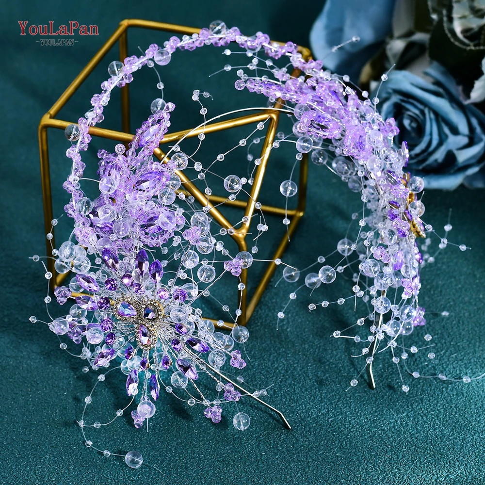 YouLaPan Purple Color Crystal Crown Headband Floral Tiaras Headband Travel Photography Fairy Bride Headpieces Accessories HP950