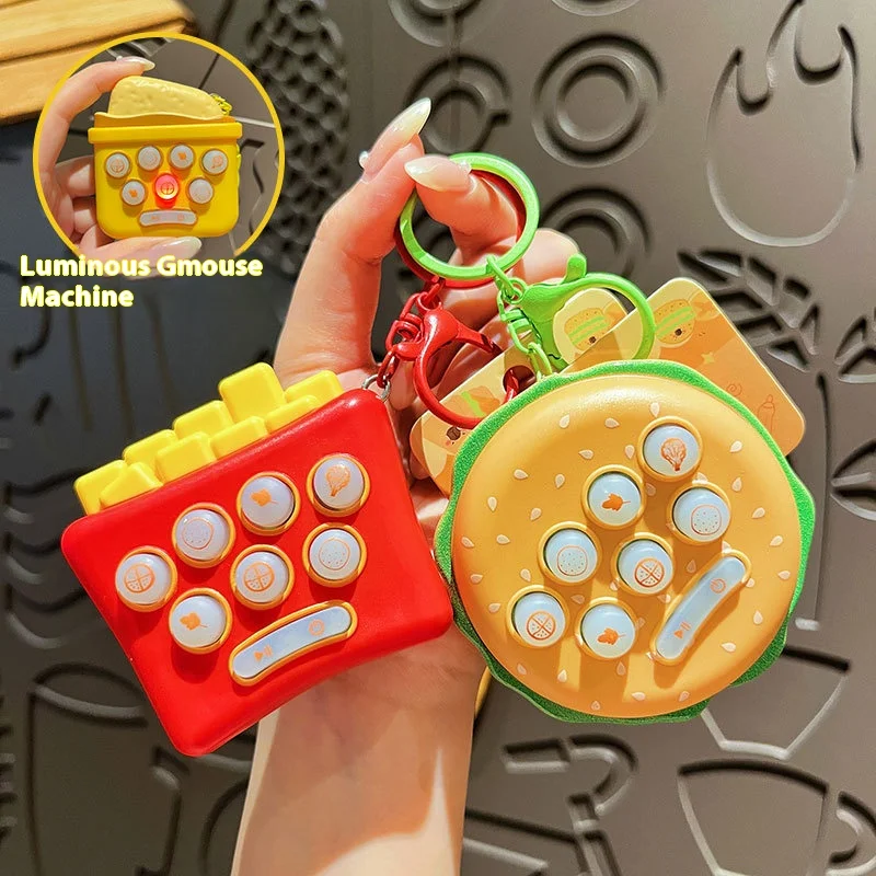 Cartoon Creative Handheld Mini Gopher Machine Keychain Glowing Fries Burger Game Machine Keyring Backpack Decoration Pendant Toy