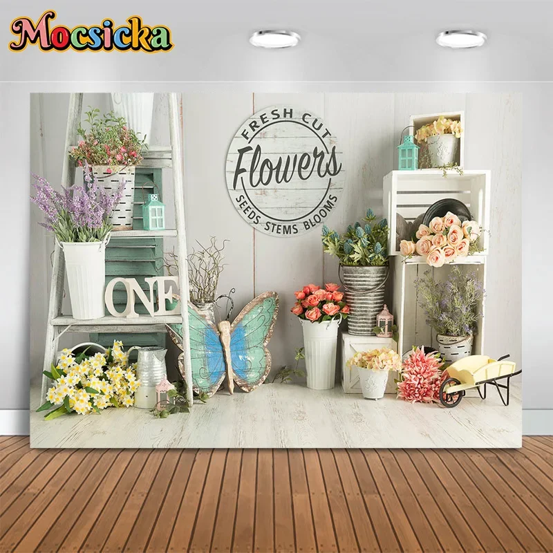 Mocsicka Happy Birthday Kids Photography Backdrops Flower Shop Wooden Board Backgrounds Cake Smash Customisable Banners Studio