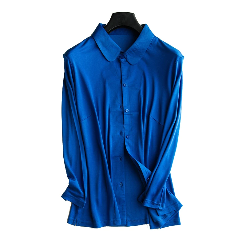 Damska jedwabna koszula 30% jedwabiu morwowego w jednolitych kolorach z długim rękawem i kołnierzykiem Bluzka T-Shirty Top Office Lady L XL XXL XXXL TA056 — zdjęcie 2