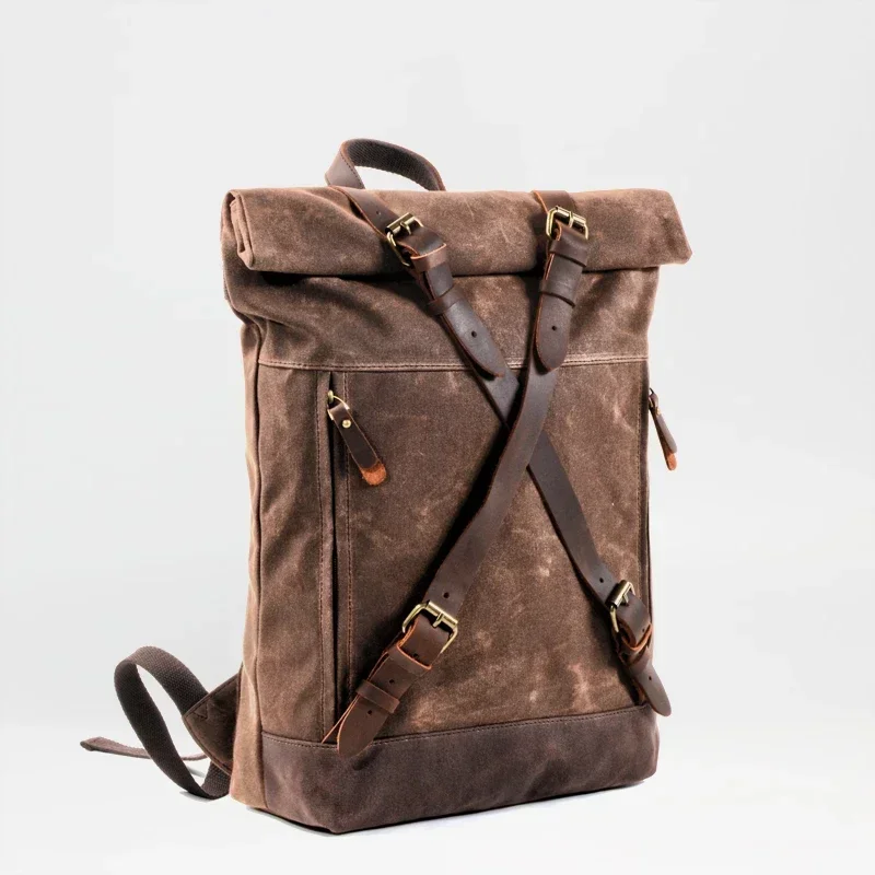 MUCHUAN Unisex Hard Oil Waxed Canvas Leather Backpacks Criss-Cross Waterproof Backpack Men for Travel 15
