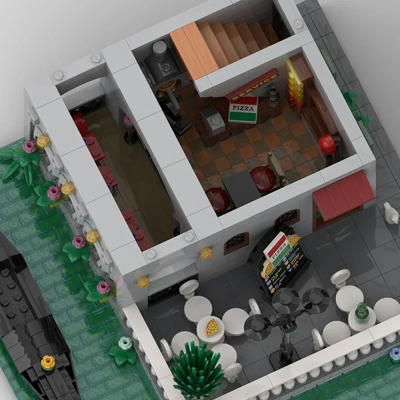 Briques Moc techniques Street View, modèle Pizza Record Store, blocs de construction modulaires, cadeaux, jouets pour enfants, ensembles de bricolage à assembler