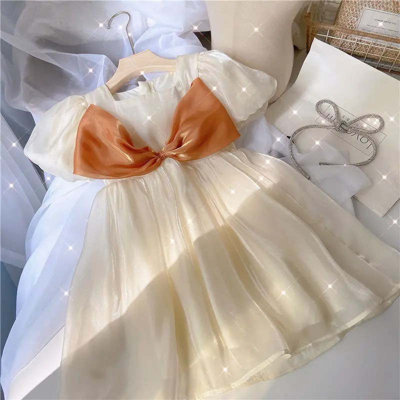 

Fashion Kids Clothes Children's Twilight Cloud Yarn Puff Short Sleeve Patchwork Big Bow Simplicity Square Collar Princess Dress