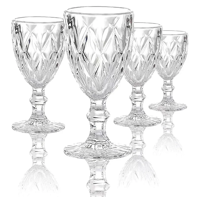 4PCS Plastic Wine Glass Cups Vintage Wine Cup 330ml Embossment Juice Drinking Cups Champagne Transparent Diamond Goblets Cups
