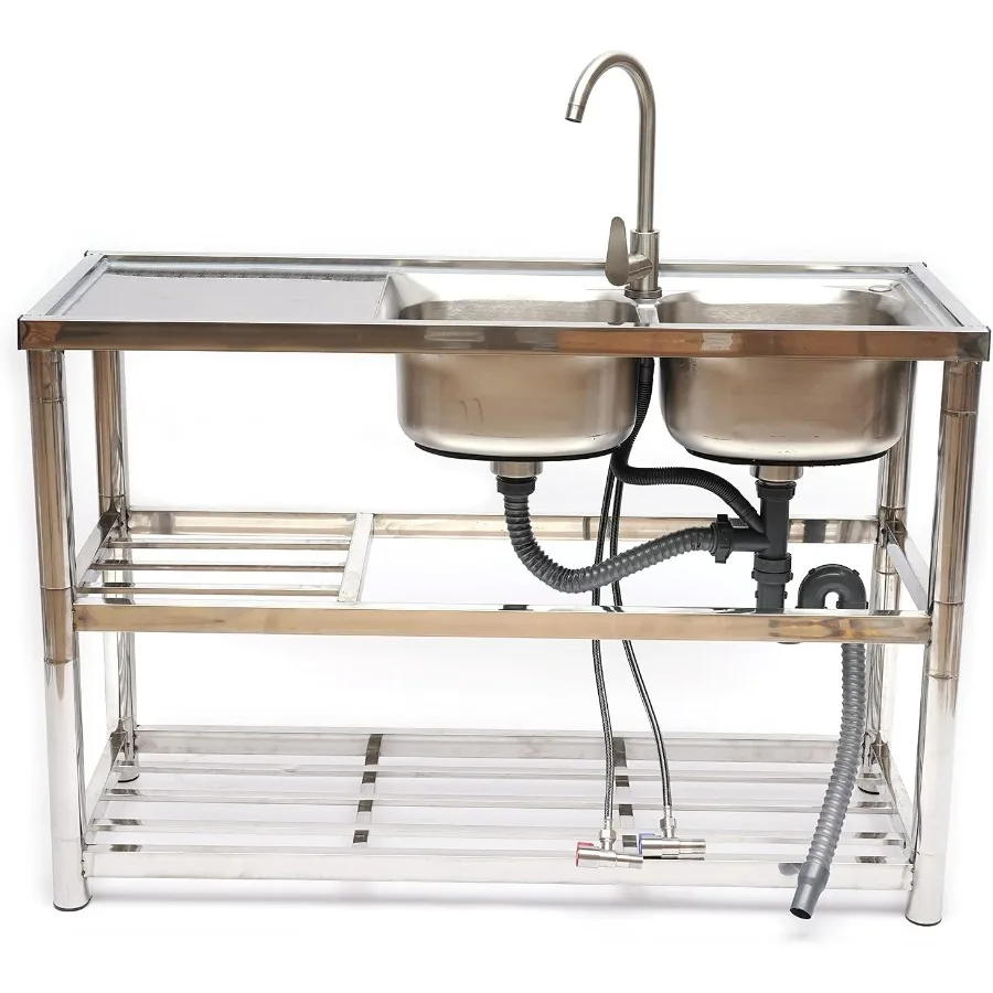 

Отдельно стоящая раковина с двойной чашей из нержавеющей стали, коммерческий набор кухонной мойки для ресторана с краном и сливной доской для использования в помещении и на открытом воздухе