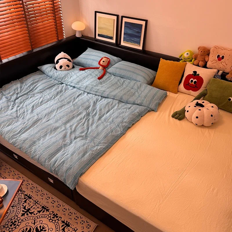 two-child families with parent-child bed combination splicing, bed oversized master bedroom double solid wood leather bed