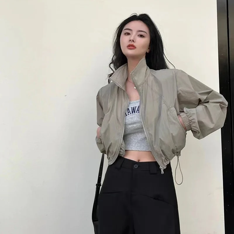 

Sun protective Vintage Women's Windbreaker Cropped Jackets Oversized Streetwear Long Sleeve Fashion Female Top