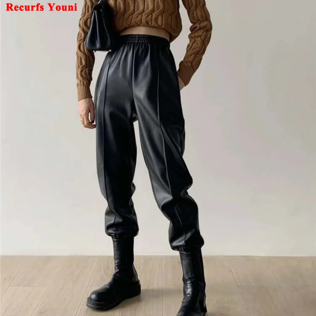 Leather Cropped Trousers Women Winter Casual Lambskin Elastic Waist Loose Harem Radish Pants Feminino Slim Grunge y2k Overalls