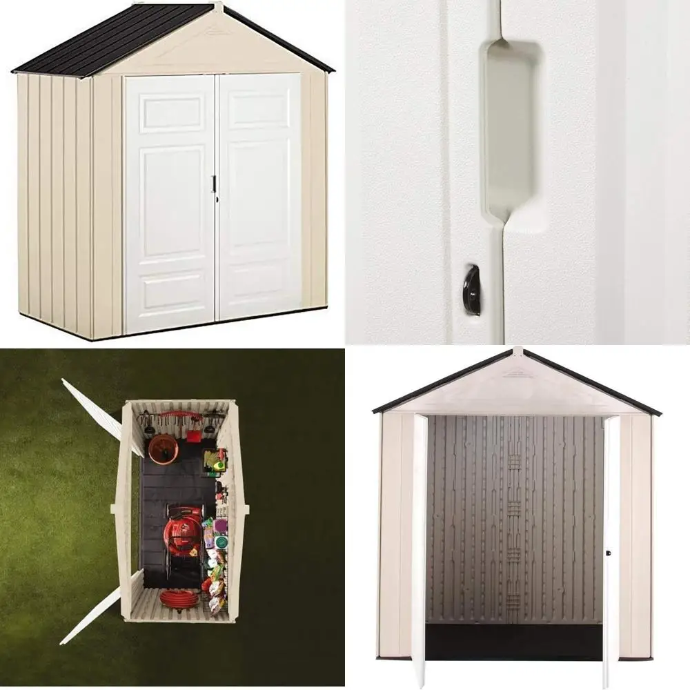 Cobertizo de resina resistente a la intemperie, 7x3,5 pies, beige/blanco, almacenamiento al aire libre para herramientas, bicicletas, cortacésped y equipo de piscina