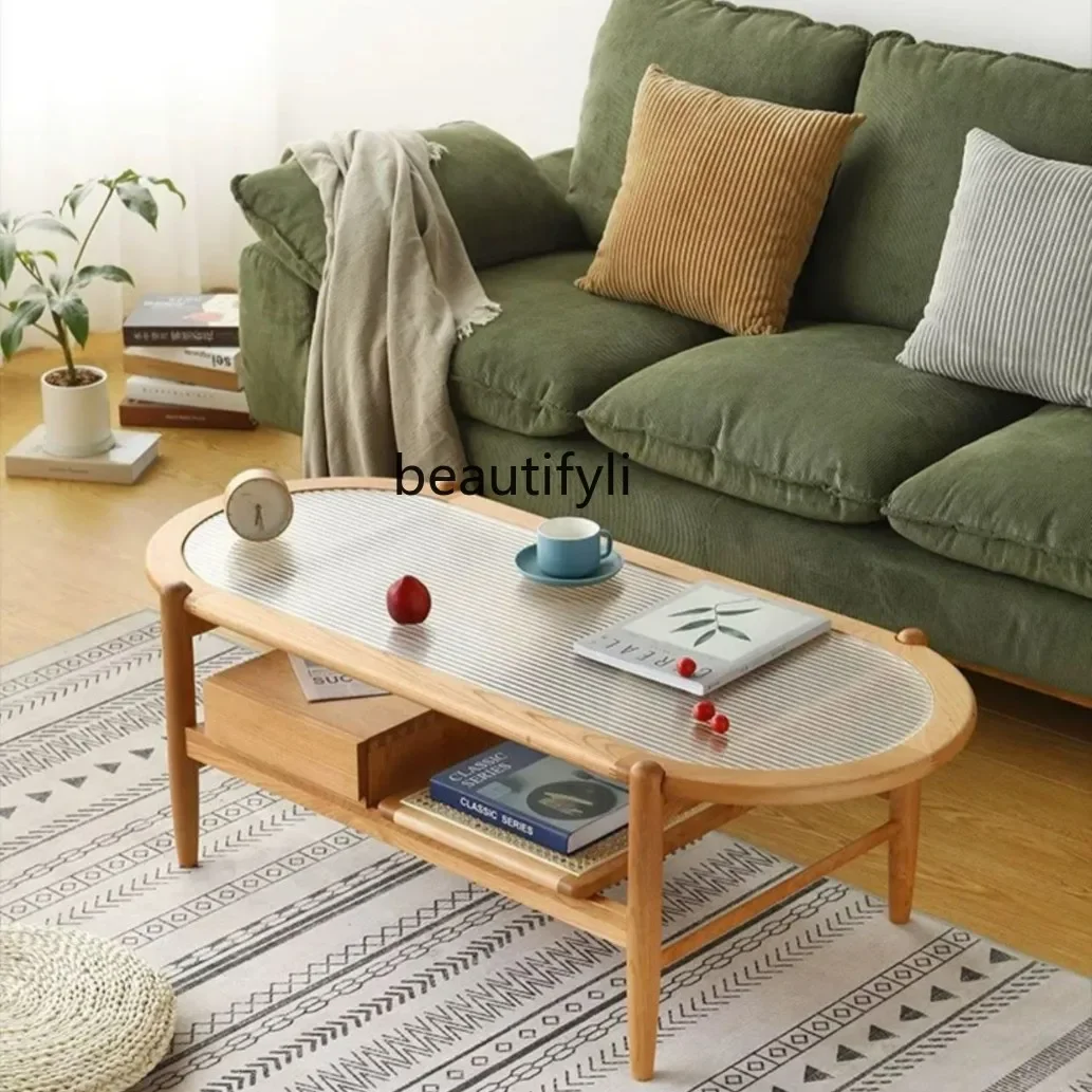 

X Nordic Solid Wood Oxygen Coffee Table Simple Tempered Glass Rattan Woven Rectangular Tea Table Living Room Natural Wood