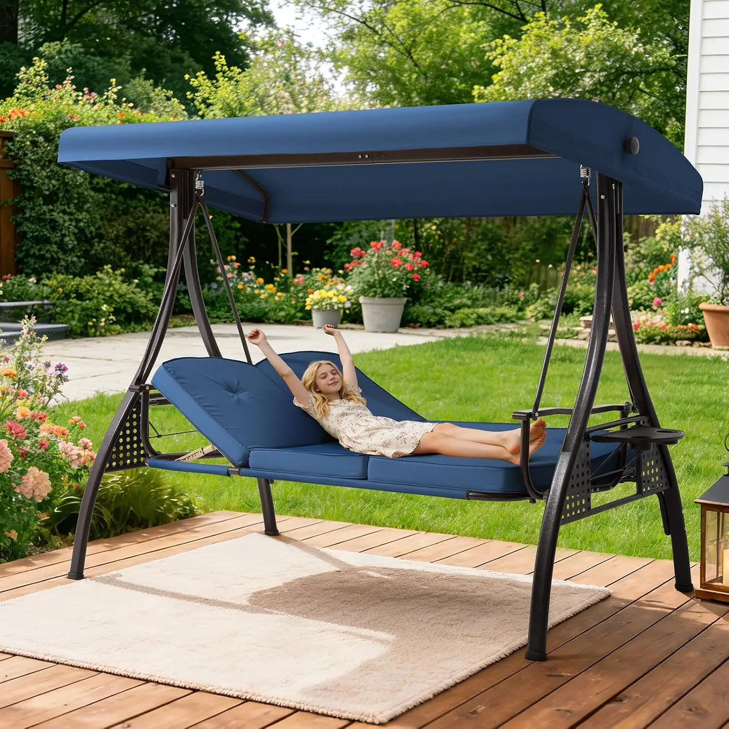 3 Seat Outdoor Porch Patio Swing with Adjustable Canopy& 7-Level Side Seat,Outdoor Swing for Adults,3 in 1, Customized