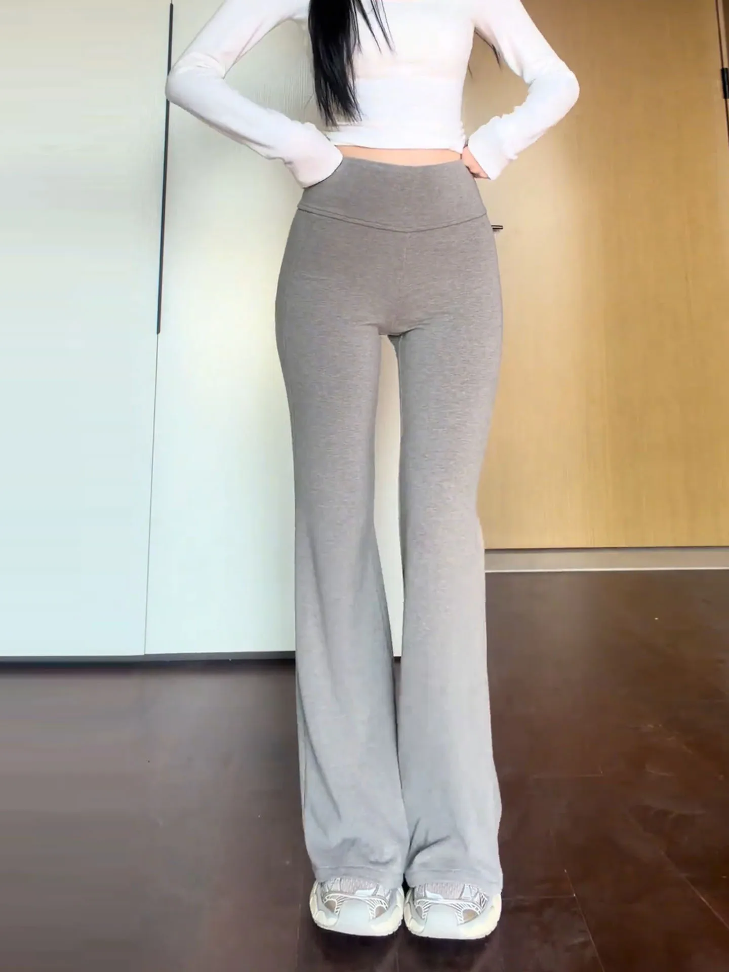 Light ey High Waist Fce Lined Bell Bot Yoga Pants Women's Autumn Winter New Sle Dra Slimming Casual Pants