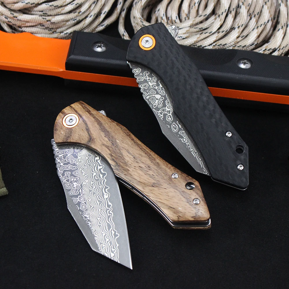 Tunafire Damascus Folding Knife Zebra wood/carbon fiber G10 Handle Hunting Survival Tanto Pocket Knives EDC Hand Tools - view 5