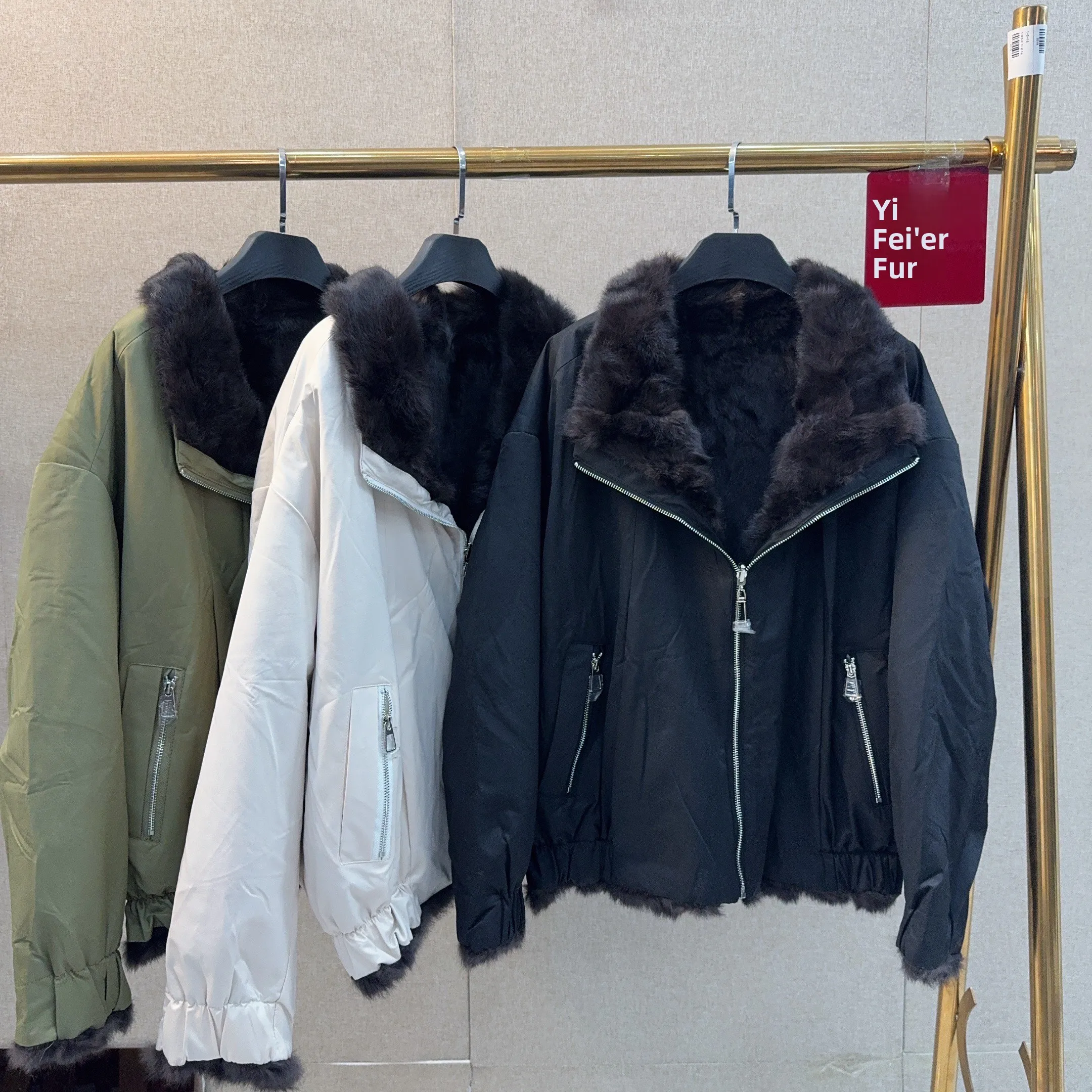 

Double-Sided Wear Angora Rabbit Fur Leather Collar Jaet Women's Autumn Winter Thiened Loose Zipper Faionable Outerwear