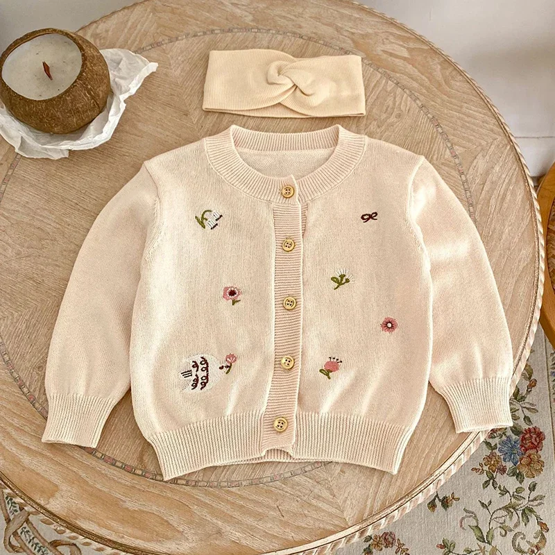 Infant Baby Knitting Cardigan Autumn Children Clothes Newborn Baby Girls Sweater Long Sleeved Knitted Embroidered Flowers Coat