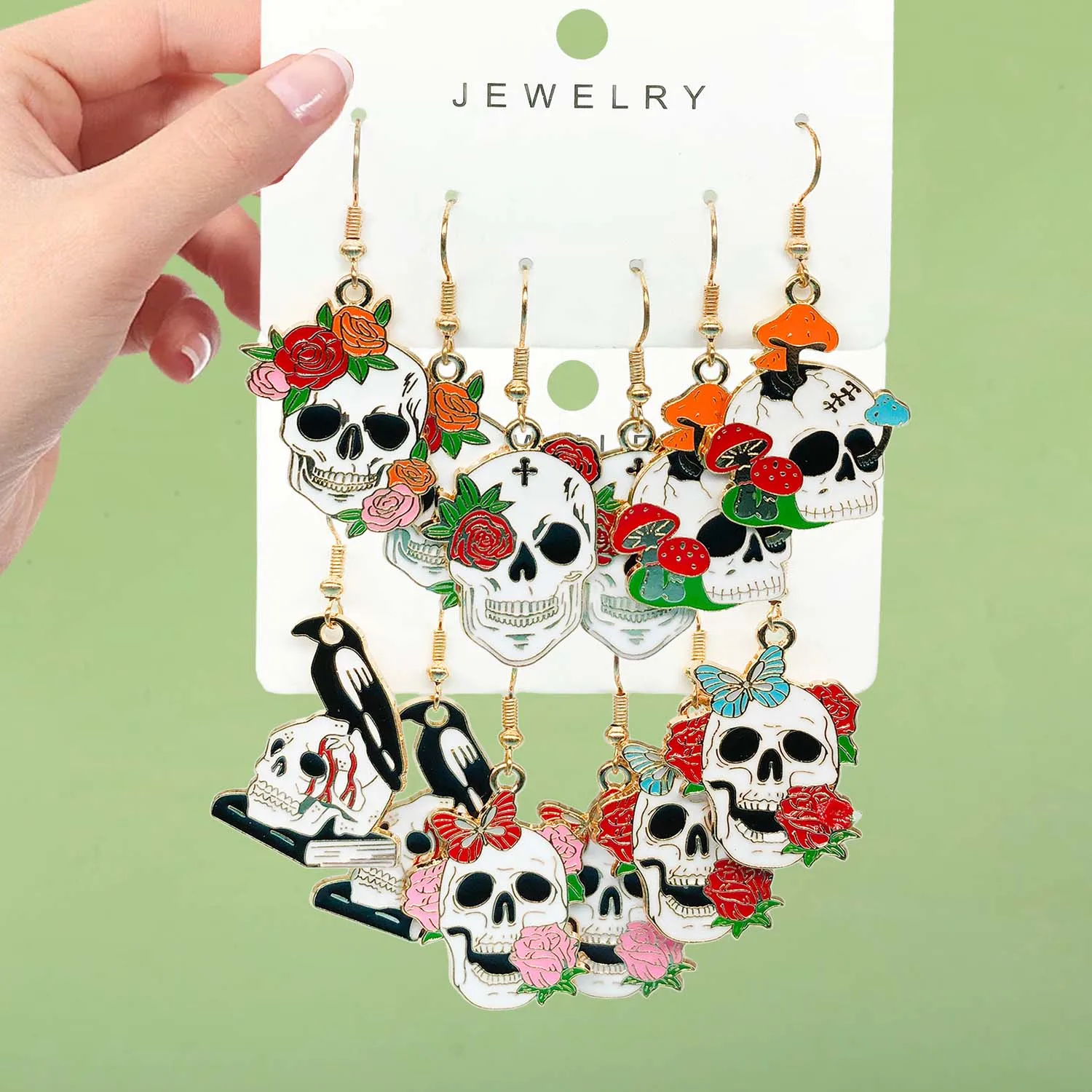 3 Pairs Fashionable Alloy Enamel Skull Head Charms Earrings, Halloween Jewelry Gifts For Ladies And Girls