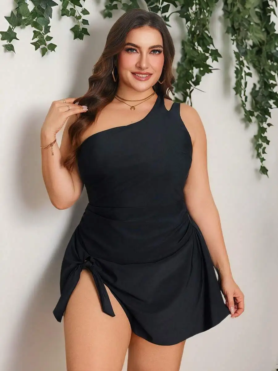 

Plus Size Women One Piece Swimsuit With Side Tie Casual Summer Swimwear