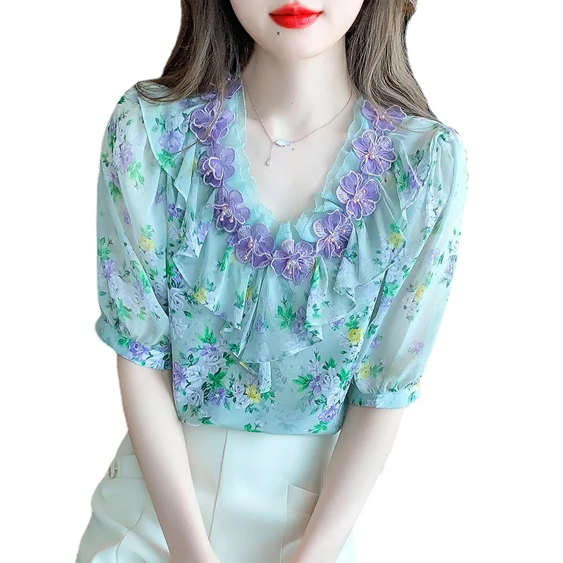 

Ruffled V Neck Short Sleeves Chiffon Shirt Women's Summer Blouse 2024 New Youthful-Looking Floral Top Design Sense Fashion Blusa