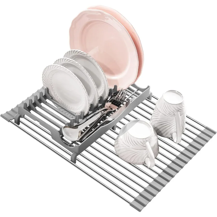 

Upgraded Roll Up Dish Drying Rack 17.1 x 13.1 Over Sink Dish Drainer Foldable Stainless Steel Trivet for Kitchen Countertop
