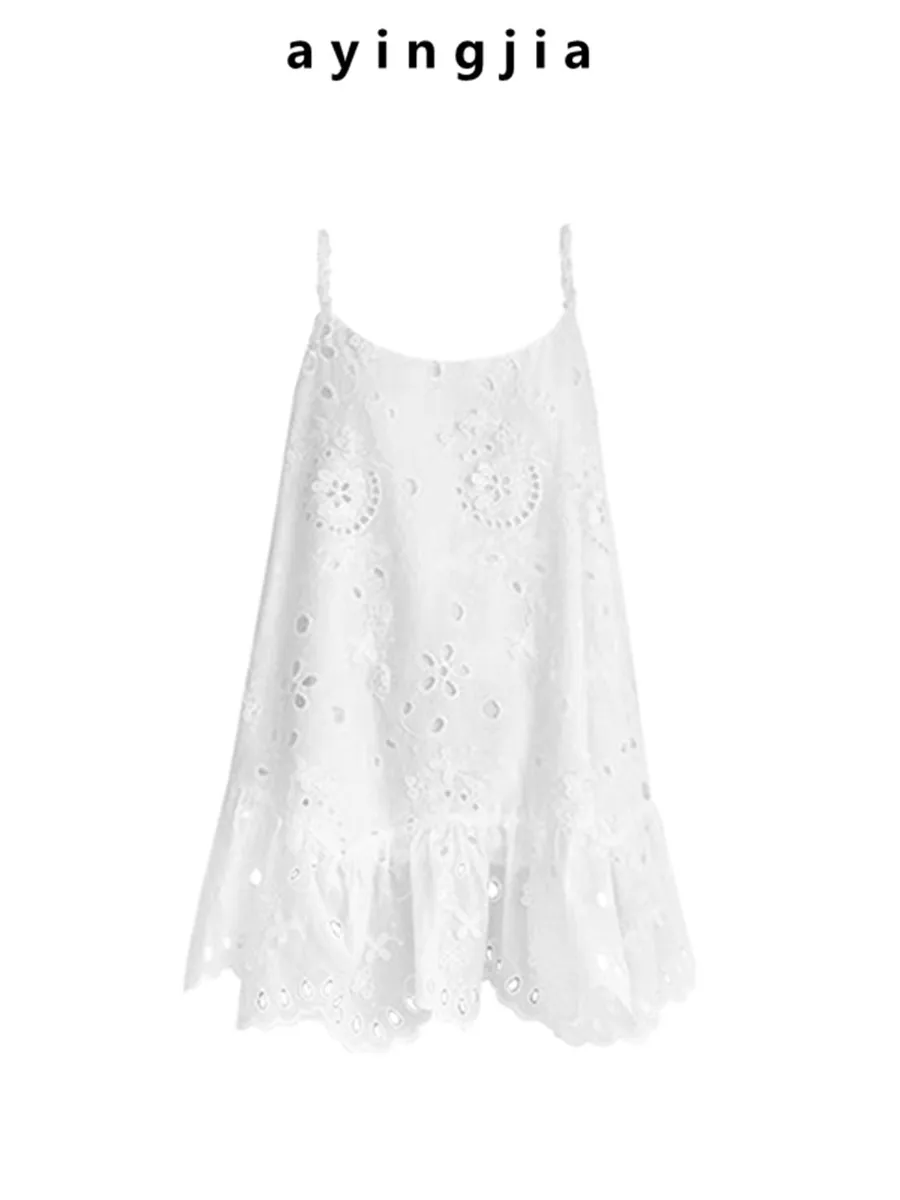 

Pure Cotton Embroidered Lace Trim White Strap Dr Women's Summer Hollow out Floral Stitching Dres Casual Ele