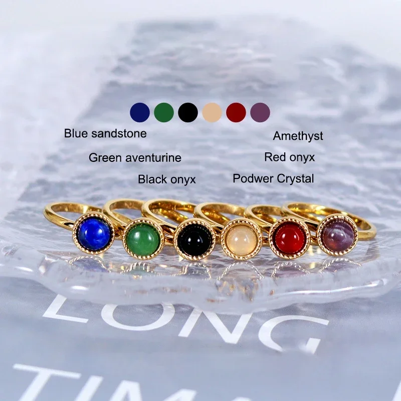 RHYSONG Colorful Natural Blue Sandston Aventurine Onxy Stone Rings For Women Stainless Steel PVD 18K Gold Plated Jewelry Gift