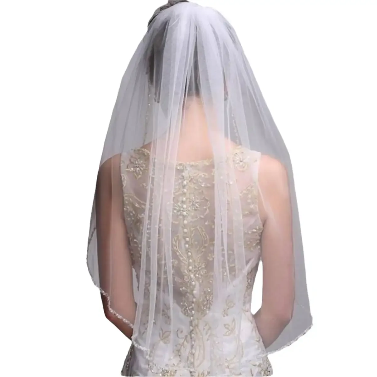 

1T 1 Tier Pearls Bugle Beaded Bridal Wedding Veil