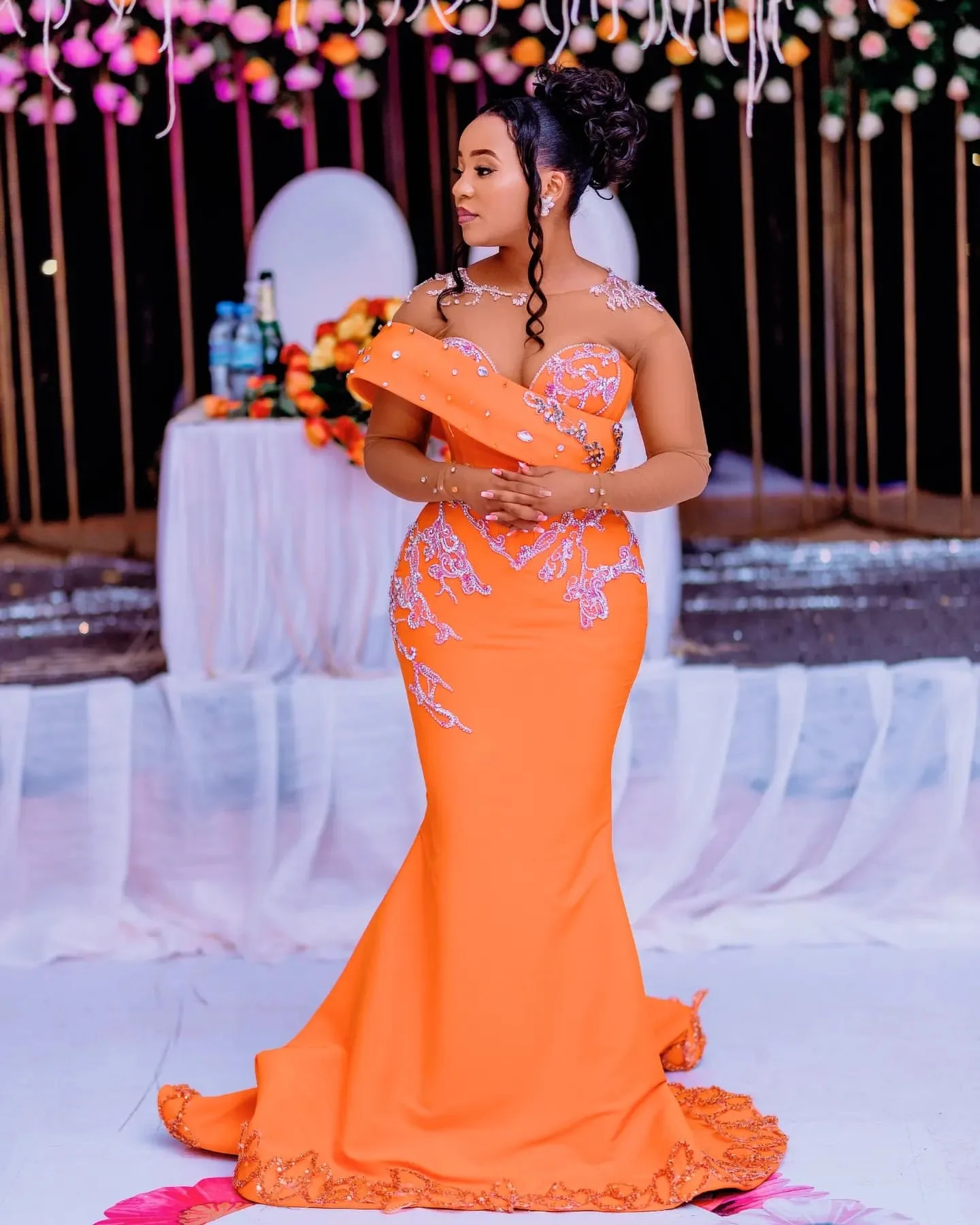 2024 Orange Mermaid Prom Dresses Beaded  Lace Satin Evening Formal Party Second Engagement Birthday Gowns Dresses 012