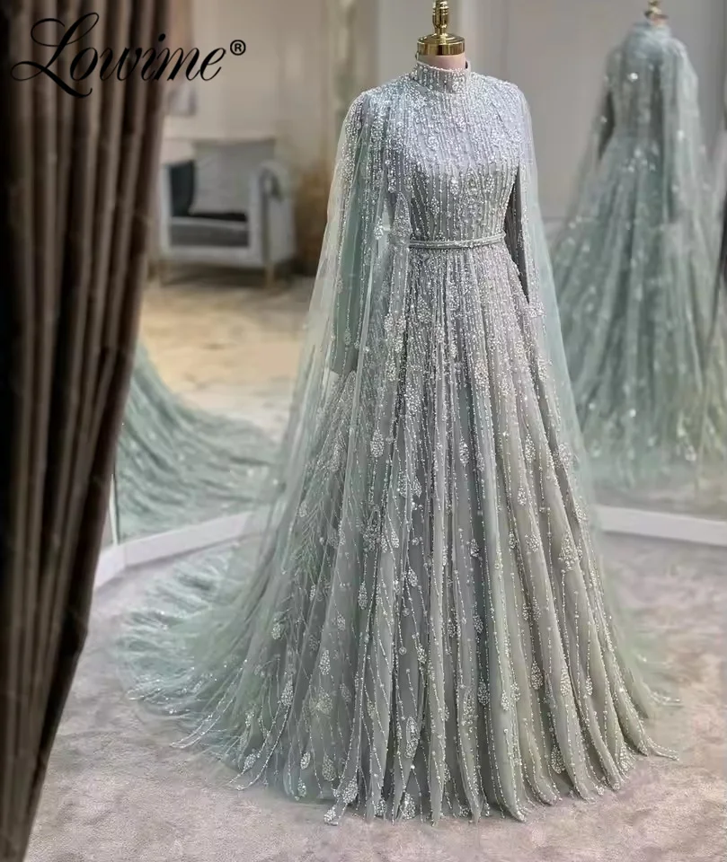 

Lowime Customized Muslim Evening Dress with Long Cape Sleeve High-Neck Heavy Beaded Dubai Arabic Party Gown A Line Prom Dresses