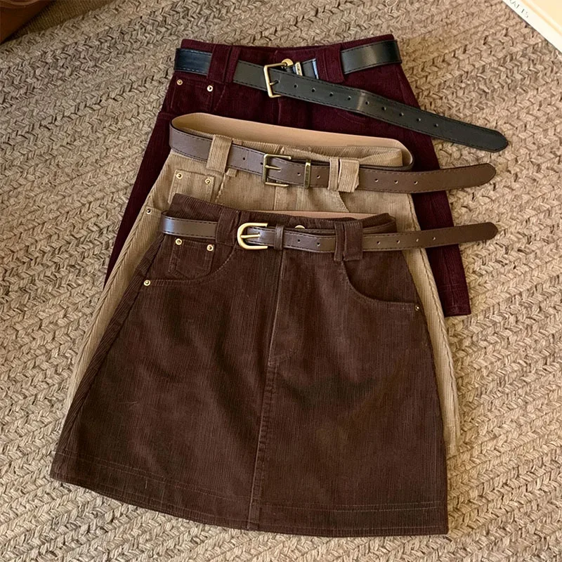 Vintage Carduroy Mini Skirt Women Korean Fashion with Belt High Waist Bodycon Skirts Elegant Slim Fit Streetwear Short Skirts