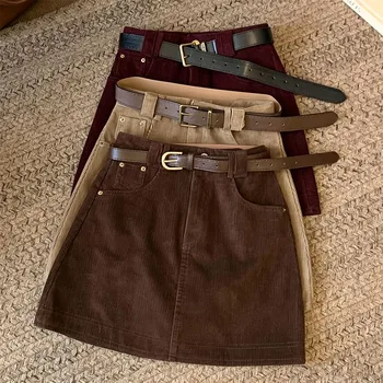 Vintage Carduroy Mini Skirt Women Korean Fashion with Belt High Waist Bodycon Skirts Elegant Slim Fit Streetwear Short Skirts 2