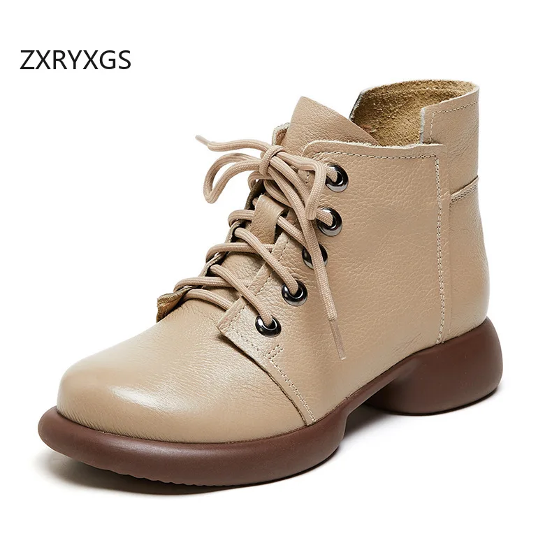ZXRYXGS 2026 New Real Leather Autumn Winter Boots Comfort Elegant Women Boots Cross Strap Side Zipper Mid Heel Boots Trend Shoes