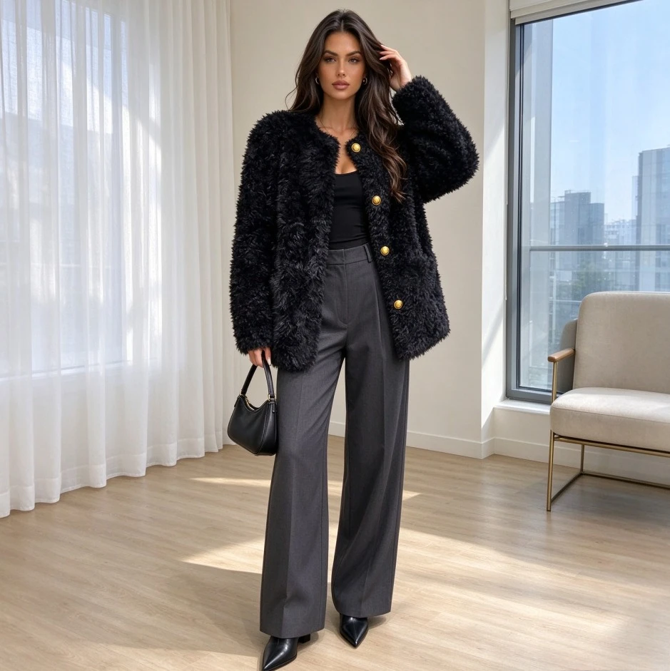 Women Faux Fur Coats Short Jackets Elegant Work Casual Slim Fit Autumn Winter  Round Neck Coat Thick Warm Y2k Streetwear Jacket