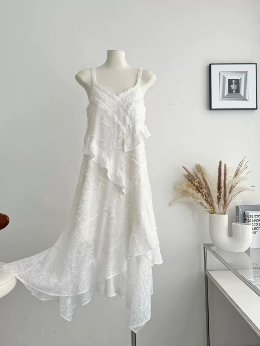  Moonlight Louise Texture White Strapless Dress Women Spring Irregular Splicing Lace Cake Skirt Style Elegant Lady Dress