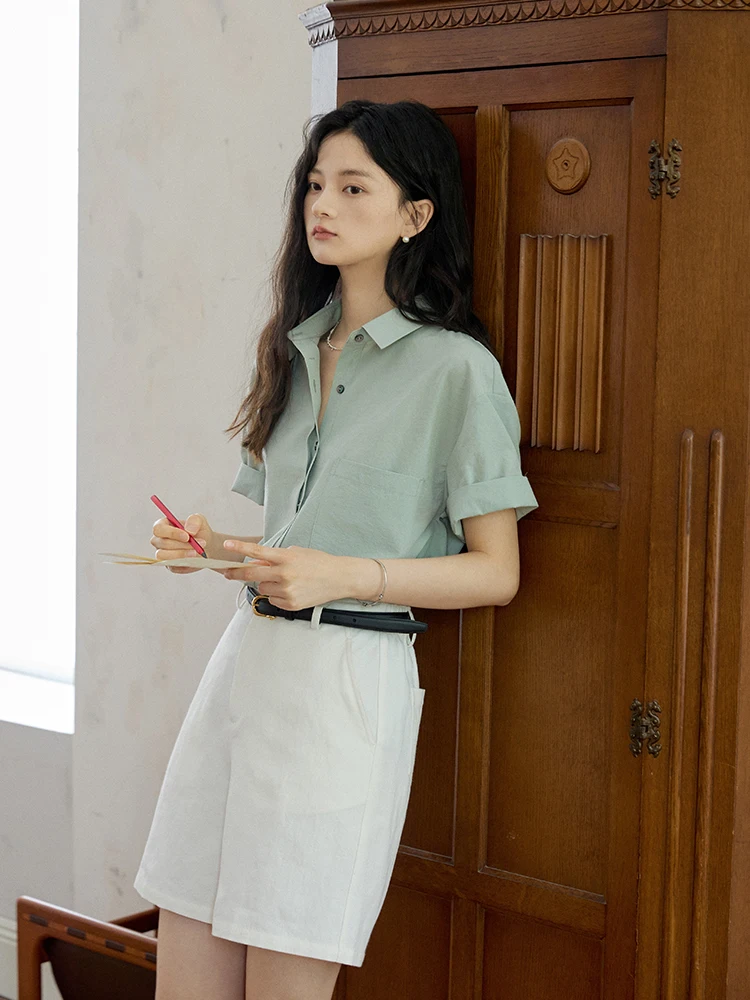 

Nomumad Double Color Loose Short Sleeve Women's Shirt Vintage Versatile Commute Personality Shirt Breathable Polyester C...