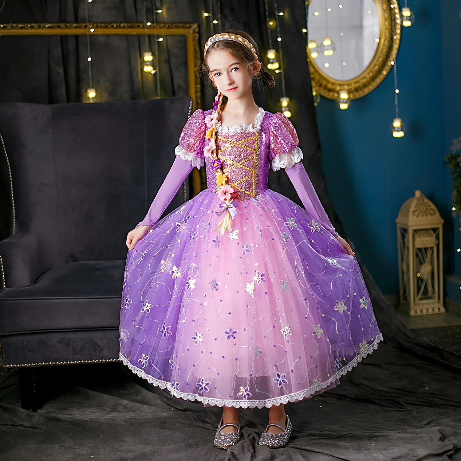 

Princess Long Hair Halloween Costume Princess Dress Girls Sofia Fashionable Spring Summer Outfit Polyester Fiber