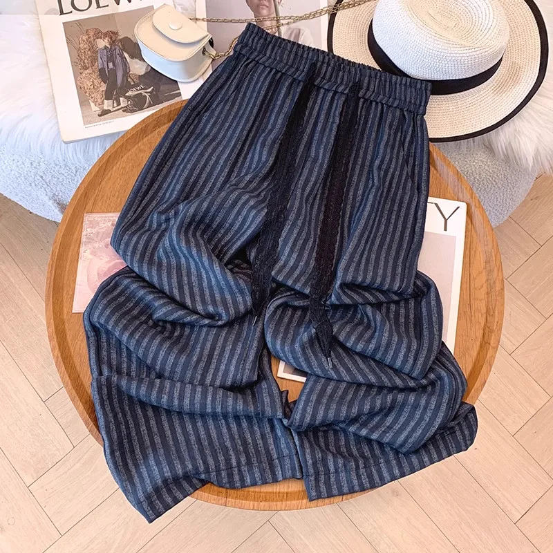 

Весенне-летние женские брюки темно-синего цвета с вертикальными полосками, широкие, на шнуровке, из льна, повседневные, прямые, тонкие, дышащие