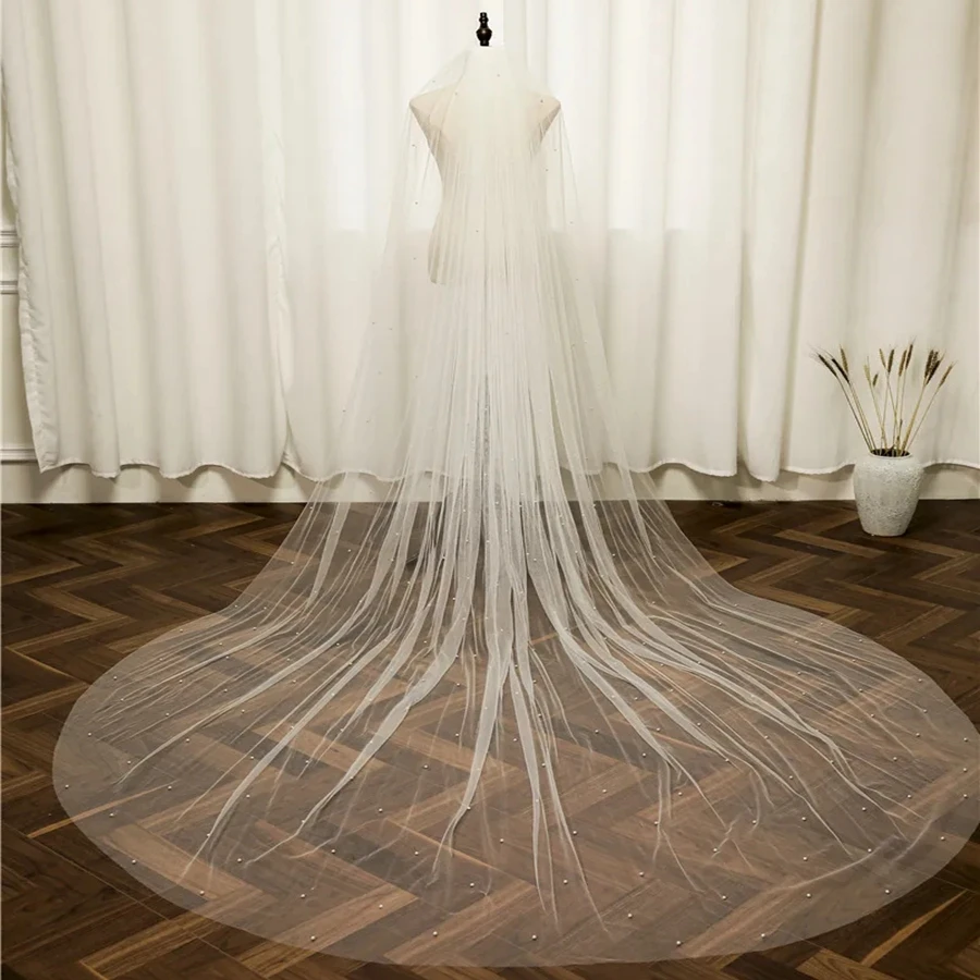 

New Arrival White Ivory Cathedral wedding veil Pearls Beaded Long Bridal Veils Velos de novia Welon Wedding accessories