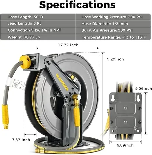 GLAHODEN Double Arm Air Hose Reel 50 ft Retractable, 1/2 in Hybrid Hose Heavy Duty Steel Professional Air Compressor Hose Reel