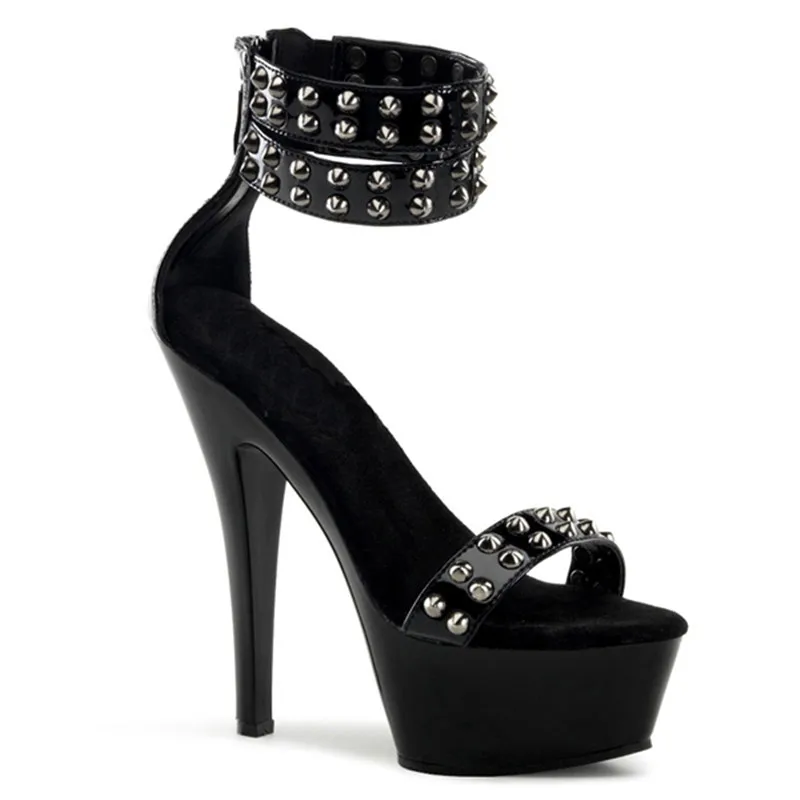 

15cm high heel black rivets decoration, sexy model stage pole dance performance, party banquet sandals