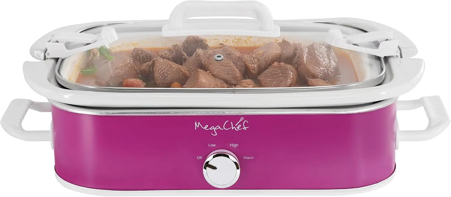Rectangular 3.5 Quart Slow Cooker Casserole with 3 Heat Settings, Carry Handles, and Locking Tempered Glass Lid (Purple)