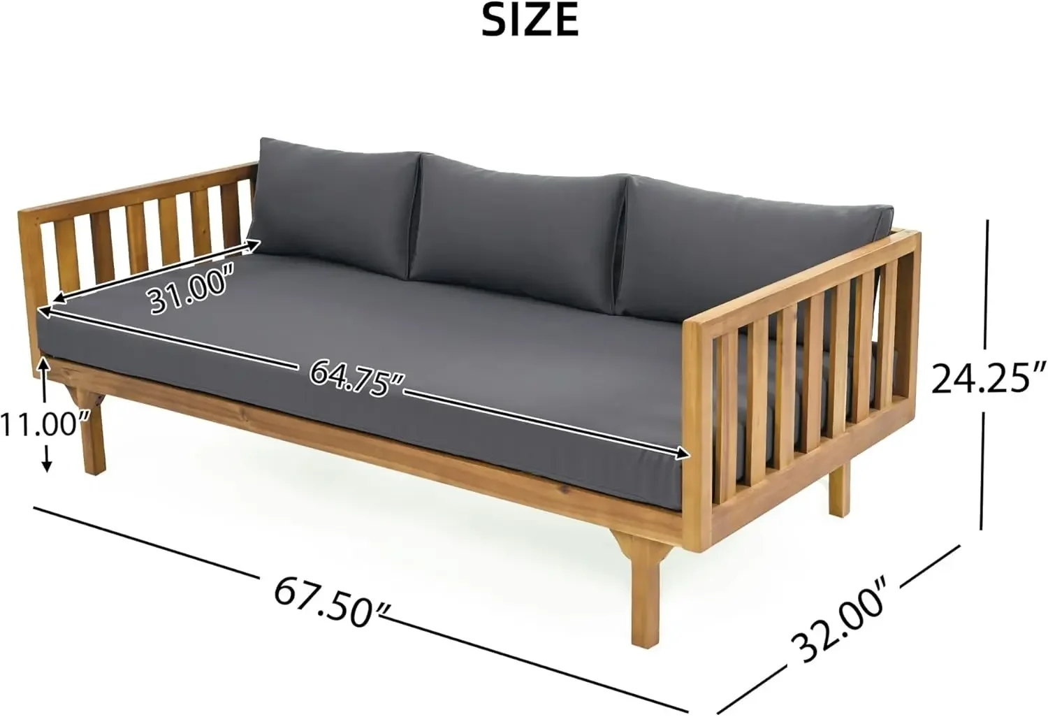 Outdoor 3 Seater Daybed, Acacia Wood Day Bed Couch Sofa with Cushions for Patio Backyard, Garden, Dark Grey + Brown