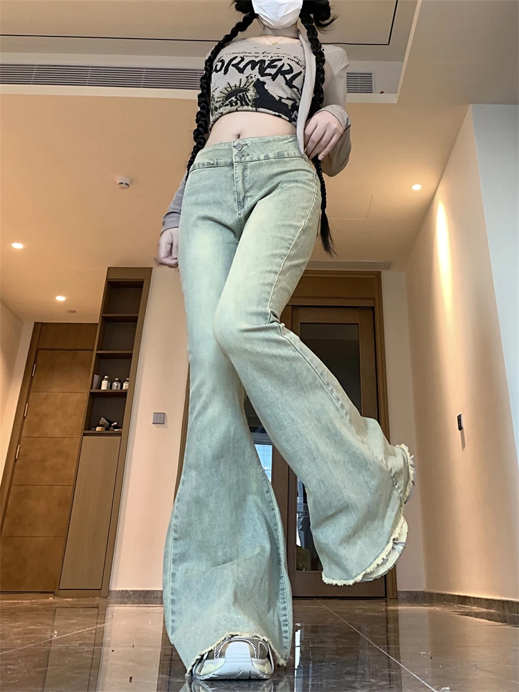 Women's Fish Tail Edge Design Slim Flared Pants Cool Girl High Waisted Streetwear Fashion Pants Female Vintage Denim Trouser