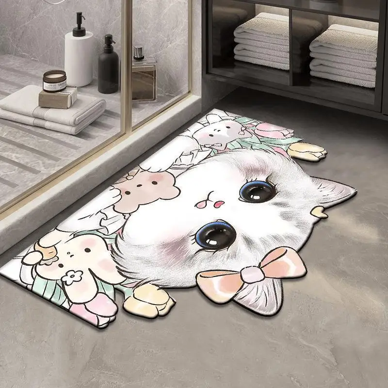 VIKAMA Lovely Bow Kitten Shaped Bath Mat Non Slip Washable Absorbent Floor Rug Cute Cartoon Cat Bedroom Decor Mat