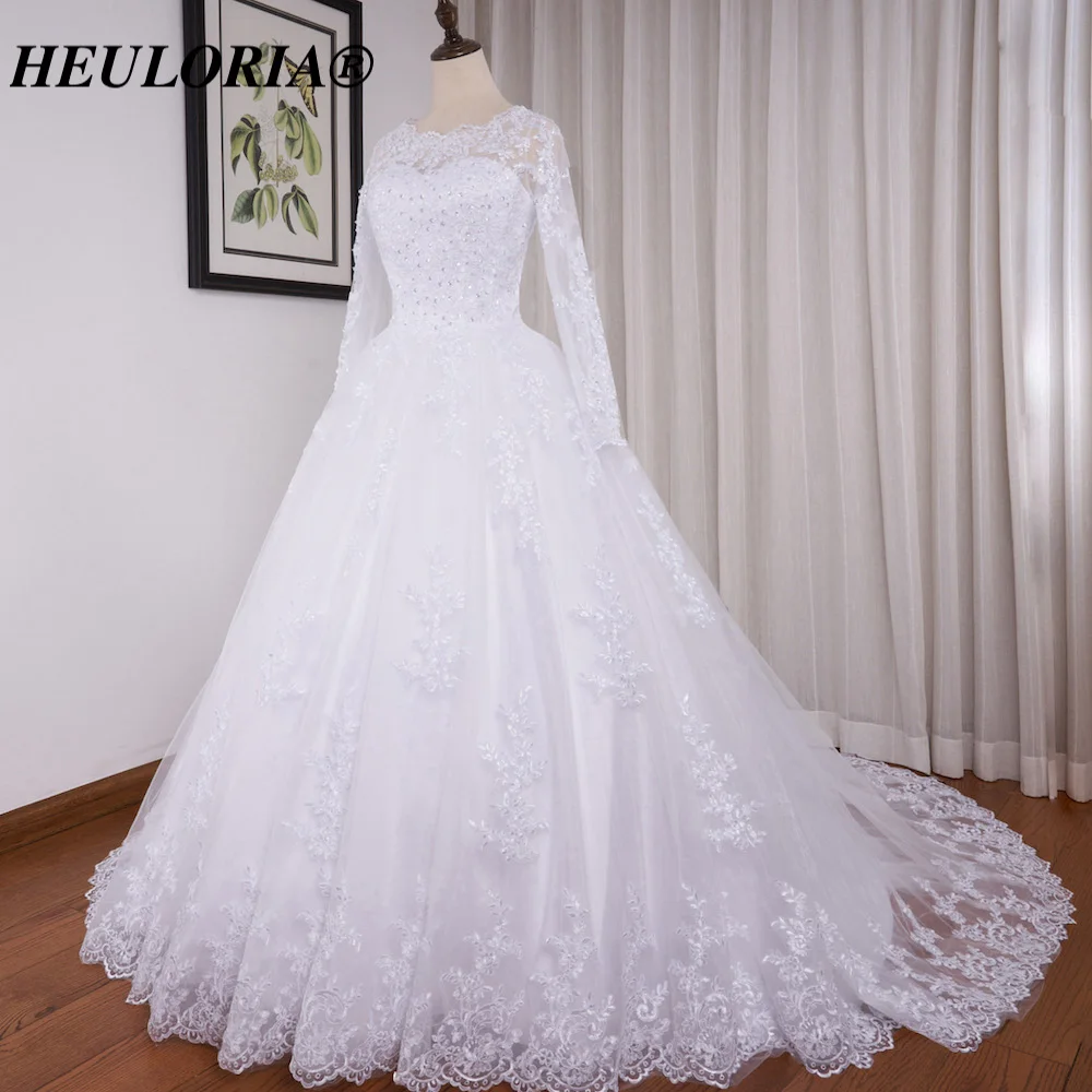 HEULORIA Princess Ball Gown Wedding Dress long sleeve bride dress O neck plus size robe de mariee Lace beading Bridal Gown