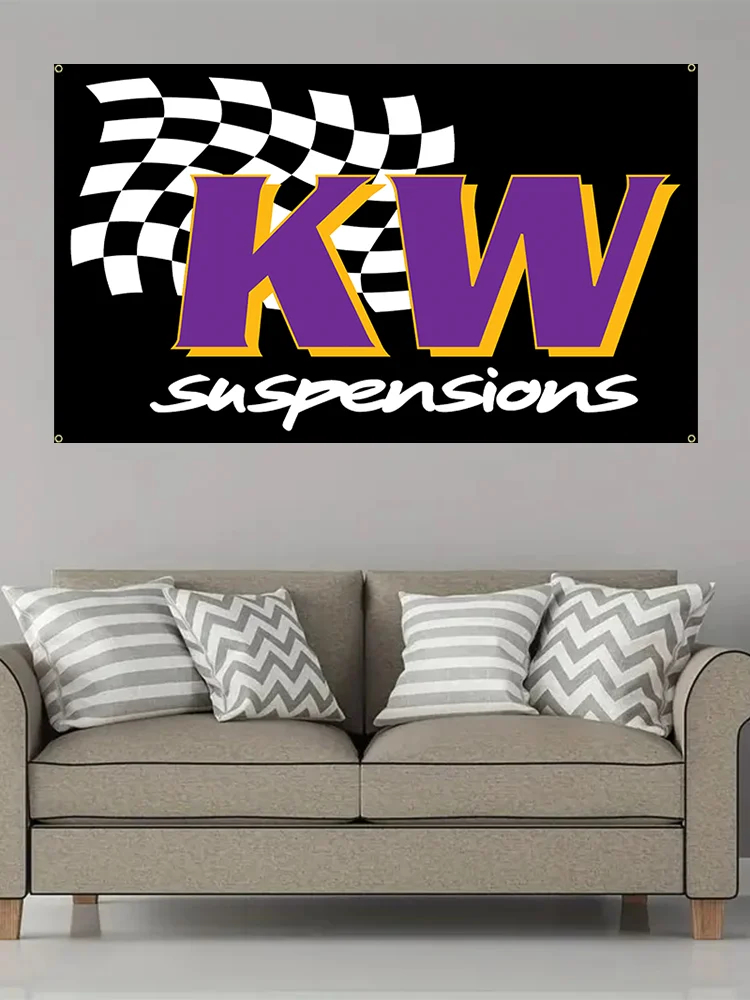 KW SUSPENSIONS علم نادي السيارة نابض بالحياة أرجواني أصفر على أحداث السباق في الهواء الطلق، ديكور متجر السيارات المرآب، علم حدث السباق #2